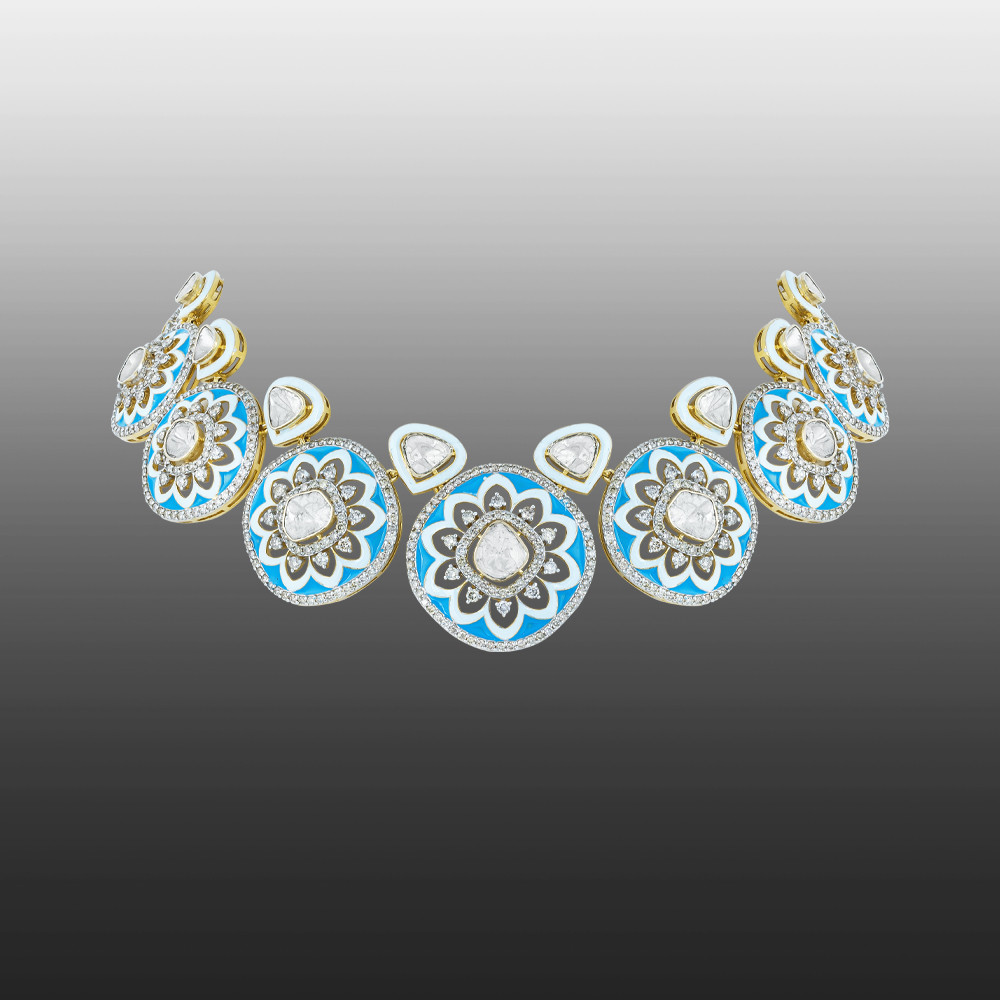 Blue Enamel Polki Necklace with Flower Motifs & Diamond Halos